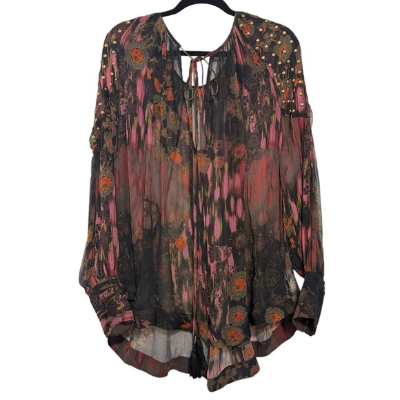 Free People Oversized Sheer Billie Floral Printed Tunic Tassel Tie Women’s Small - Picture 3 of 12